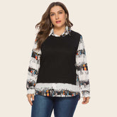 Two vintage print patchwork long-sleeved blouses for plus-size women Sai Feel